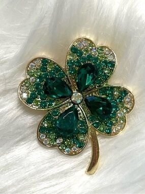 4 Four Leaf Clover Shamrock Pin Brooch Lucky Irish Green Gold Rhinestones New
